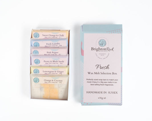 Fresh fragrances Brighton Rock Workshop wax melt snap bar selection box. enjoy 6 30 gram bars in our best selling fresh scents. Eco friendly product and packaging. sustainable, vegan friendly and cruelty free
