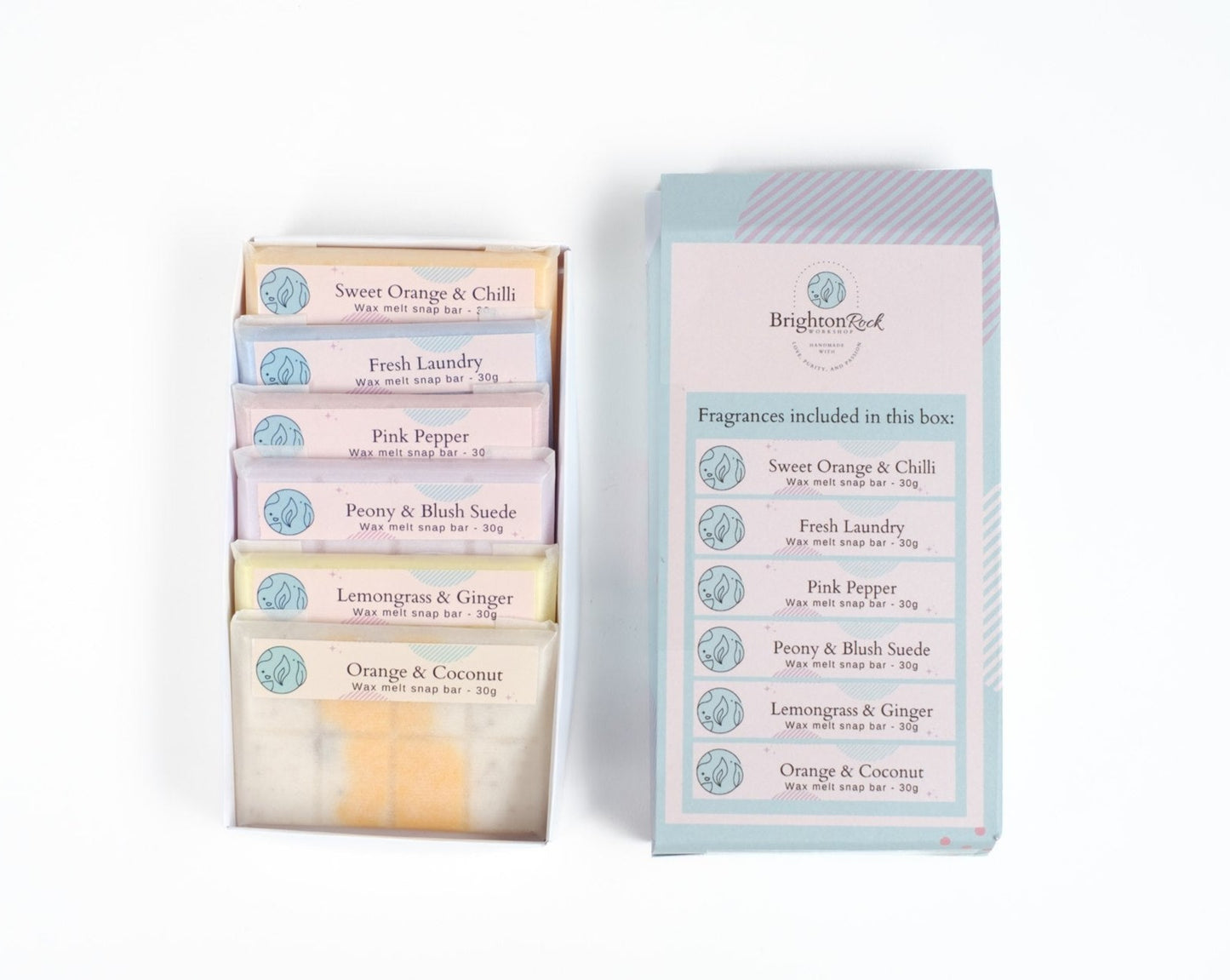 Fresh fragrances Brighton Rock Workshop wax melt snap bar selection box. enjoy 6 30 gram bars in our best selling fresh scents. Eco friendly product and packaging. sustainable, vegan friendly and cruelty free