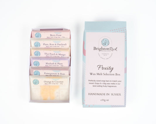 Brighton Rock Workshop snap bar wax melt selection boxes. Fruity selection pack. Enjoy 6 30 gram bars in your favourite fruity flavours, 100% vegan-friendly and cruelty-free