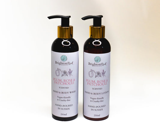 plum rose and patchouli scented hand and body wash, vegan friendly handmade in the uk, cruelty free long lasting fragrances for the bath body & home