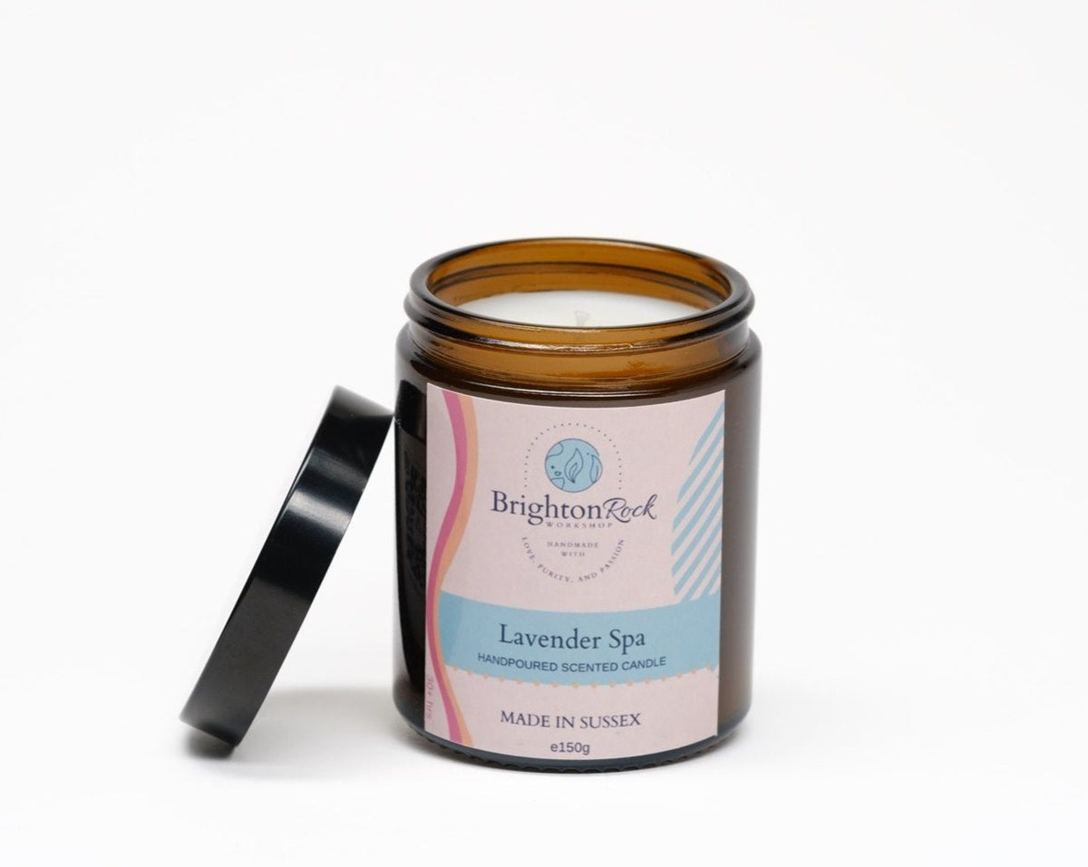 lavender spa strongly-scented long-lasting candle, handmade in Brighton, Sussex, UK. Vegan friendly and cruelty free home fragrances. brown/amber glass jar with black lid