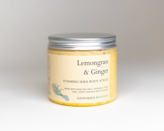 270g tub of lemongrass & ginger scented shower scrub. Handmade in the UK by Brighton Rock Workshop. Vegan friendly and cruelty free. long lasting scent