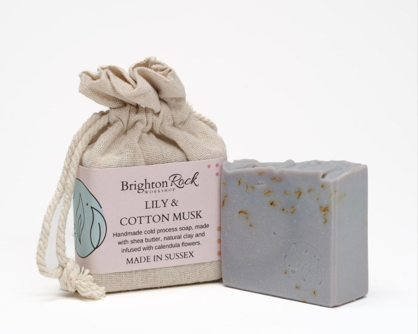 handmade in Brighton lily & cotton musk floral soap made with blue clay, coconut oil and shea butter