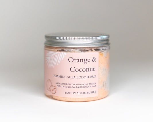 orange & coconut seychelles scent scrub made with dead sea salt white sugar exfoliant. smoothing properties, vegan cruelty free skincare 270g handmade in brighton sussex