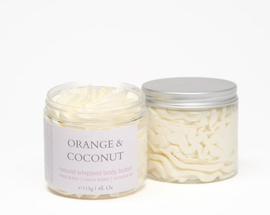 Brighton Rock Workshop's orange & coconut scented body butter made from natural shea, cocoa butter, and coconut oil. Non greasy nourishing butter for soft skin. Handmade in the UK. Vegan, cruelty free, natural skincare
