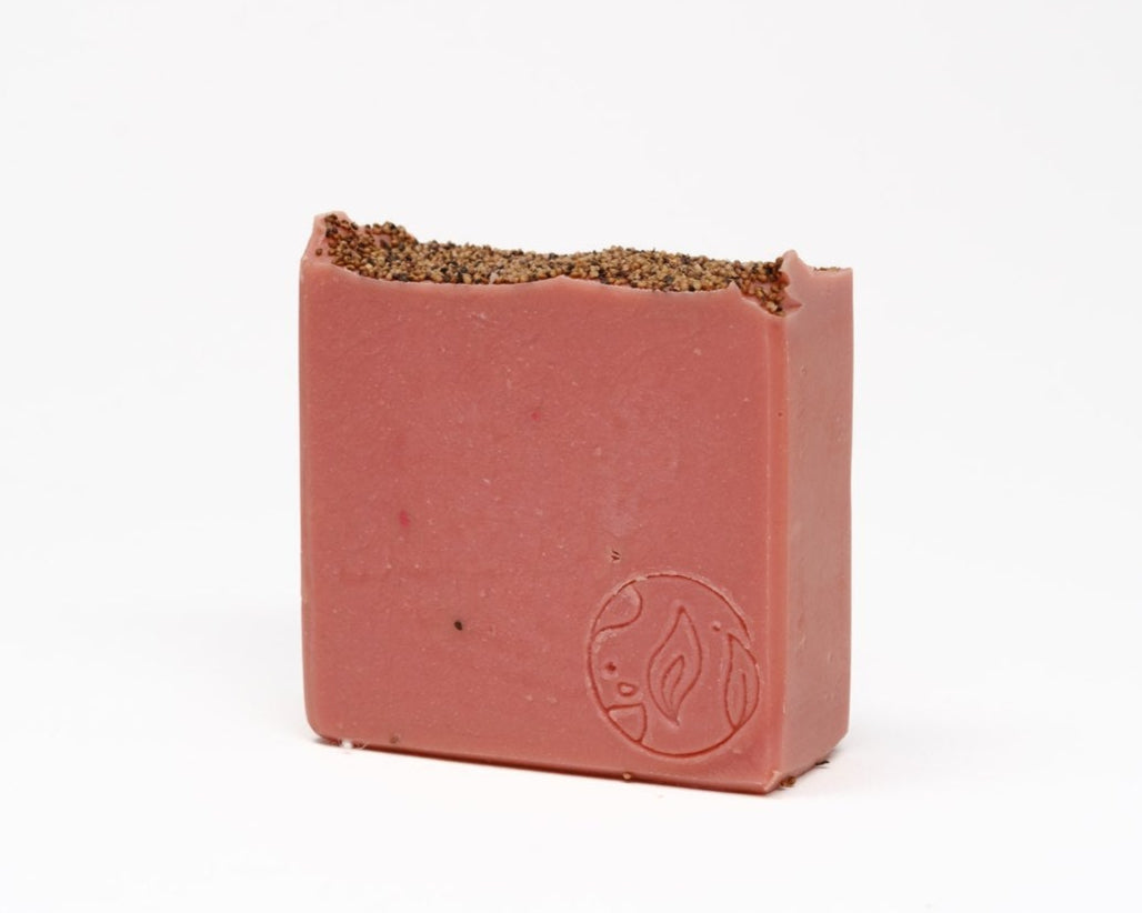 strawberry & rhubarb cold process soap made with shea butter, clay and strawberry seeds