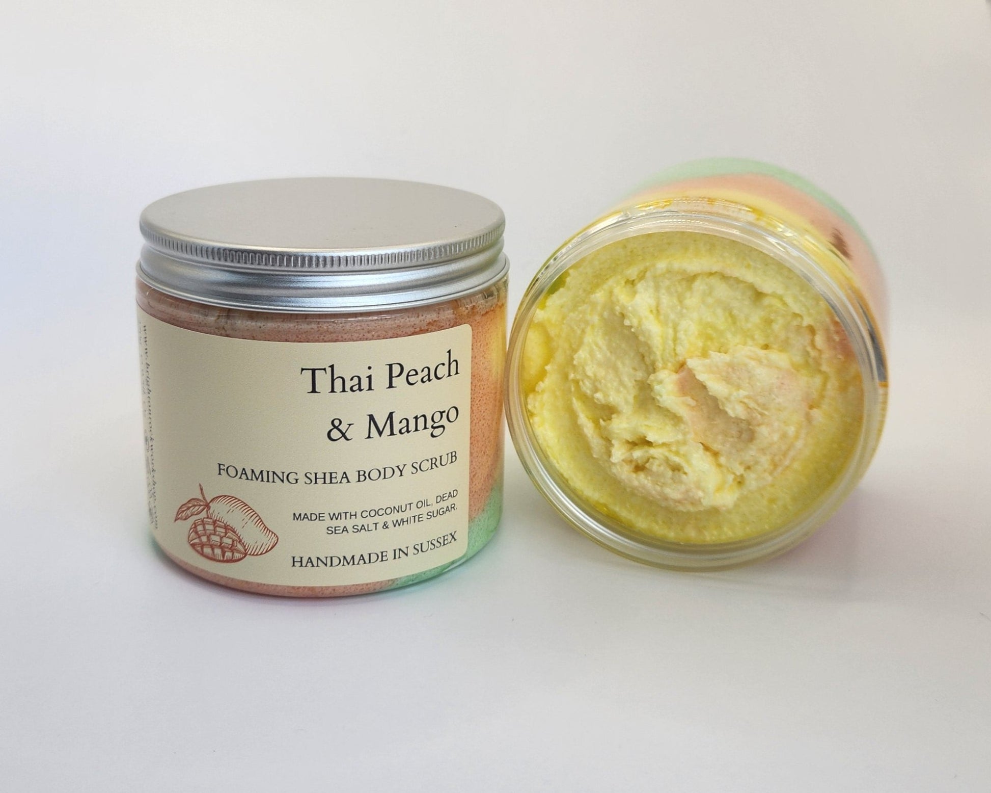 thai peach and mango body scrub whipped soap sugar dead sea salt natural ingredients vegan cruelty free long lasting scent handmade in brighton uk