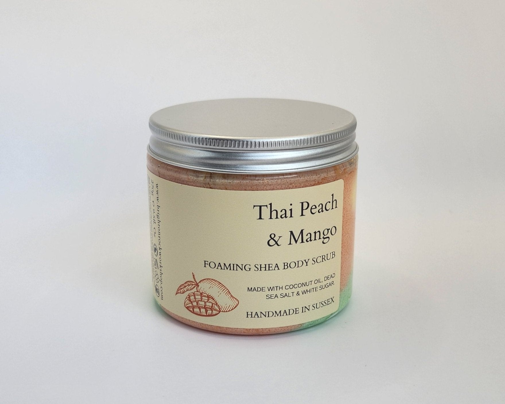 thai peach and mango body scrub whipped soap sugar dead sea salt natural ingredients vegan cruelty free long lasting scent handmade in brighton uk