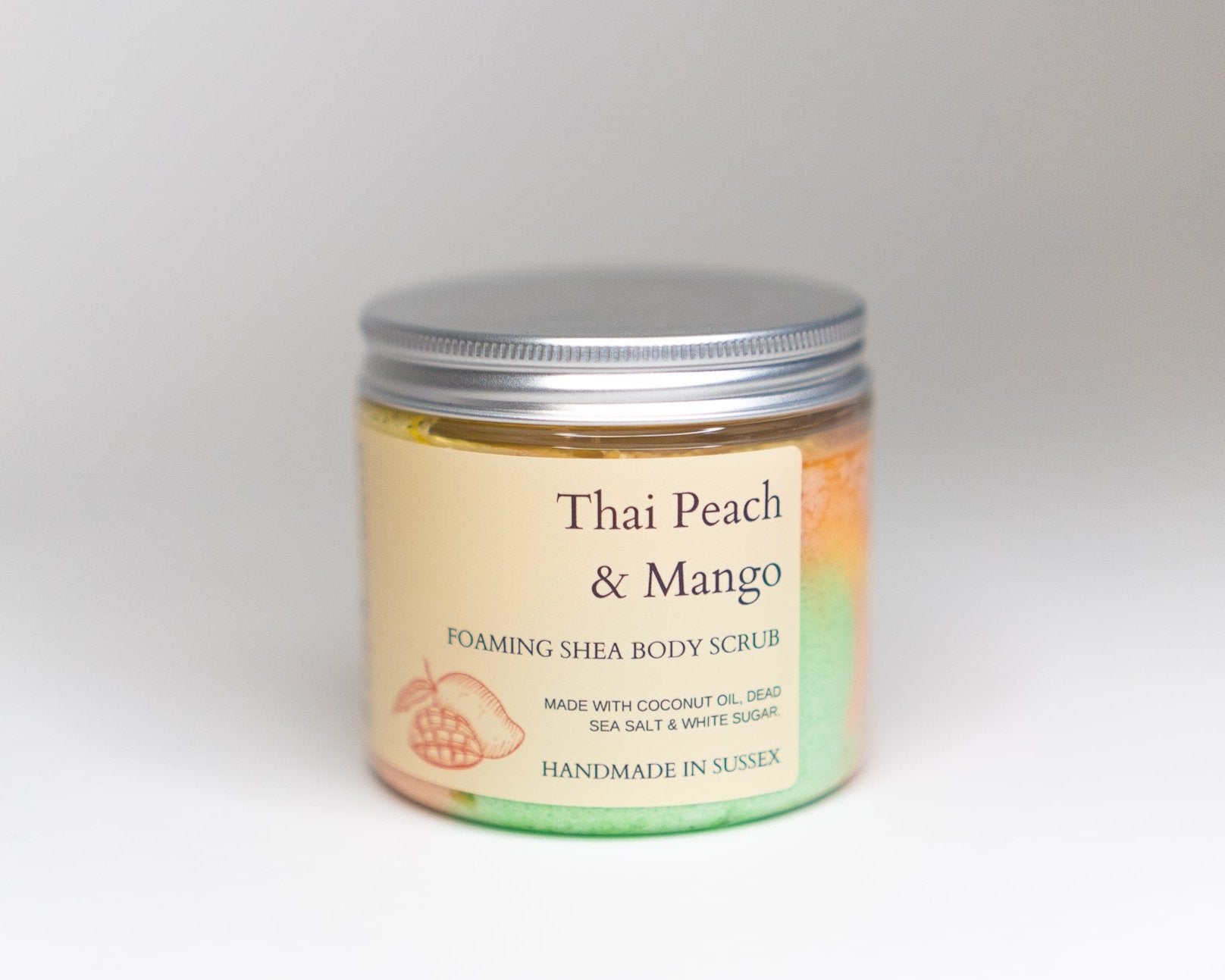 thai peach and mango body scrub whipped soap sugar dead sea salt natural ingredients vegan cruelty free long lasting scent handmade in brighton uk