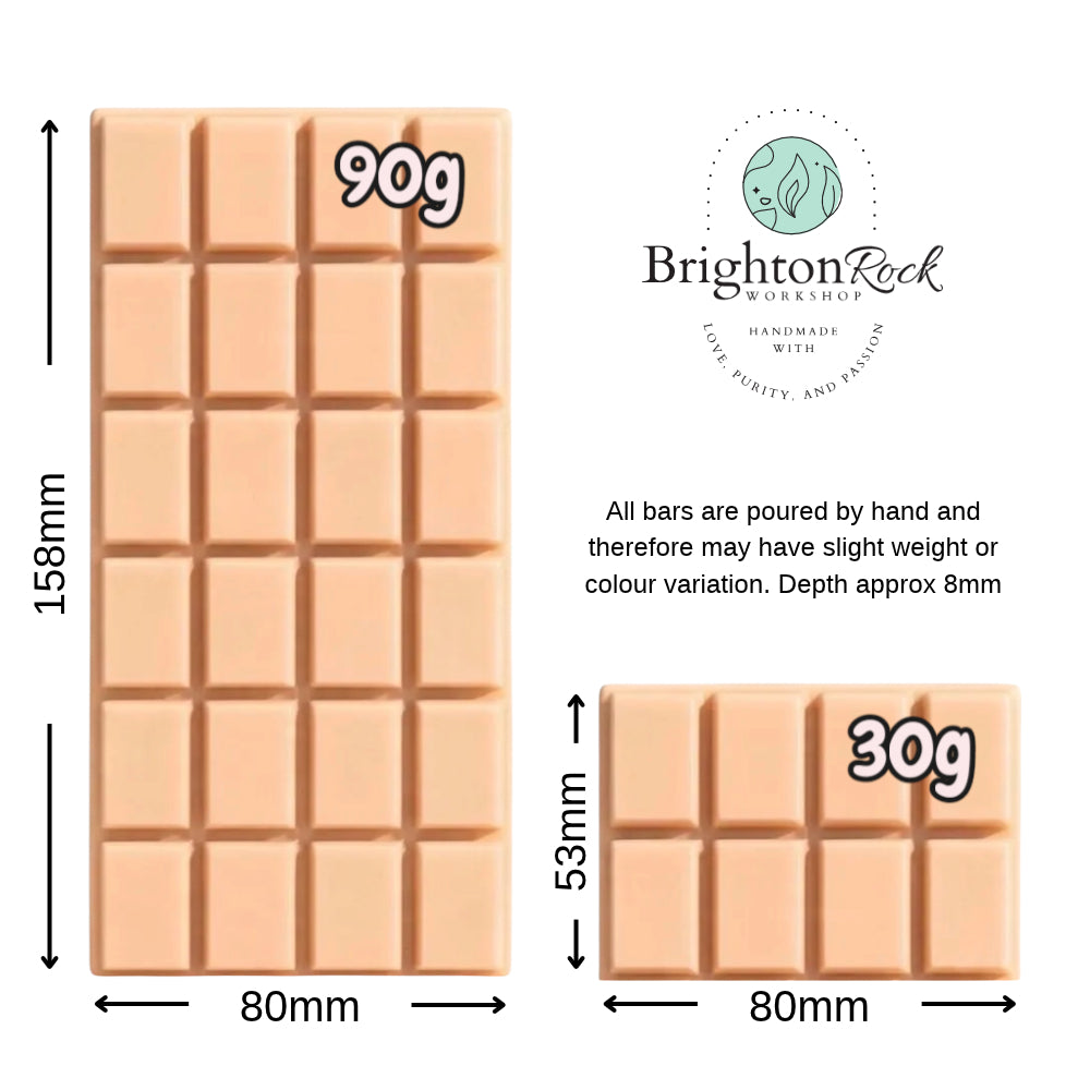 example of our wax melt snap bars showing weight and dimensions for each size