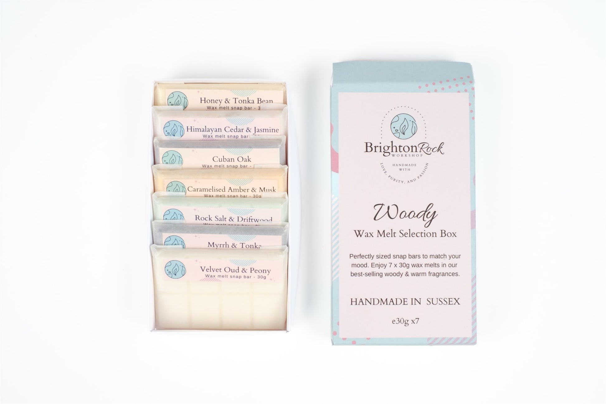 woody wax melt selection box. 7 x 30g bars of luxury and high quality woody scents in plant based wax. vegan and handmade in the UK. Brighton Rock Workshop