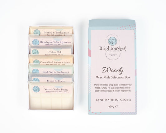 woody fragranced selection box. Brighton rock workshop wax melt snap bars. gift box featuring 7 of our best woody fragrances. masculine and dark fragrance. musks, woods & earthy tones. 7 30 gram bars in eco friendly packaging