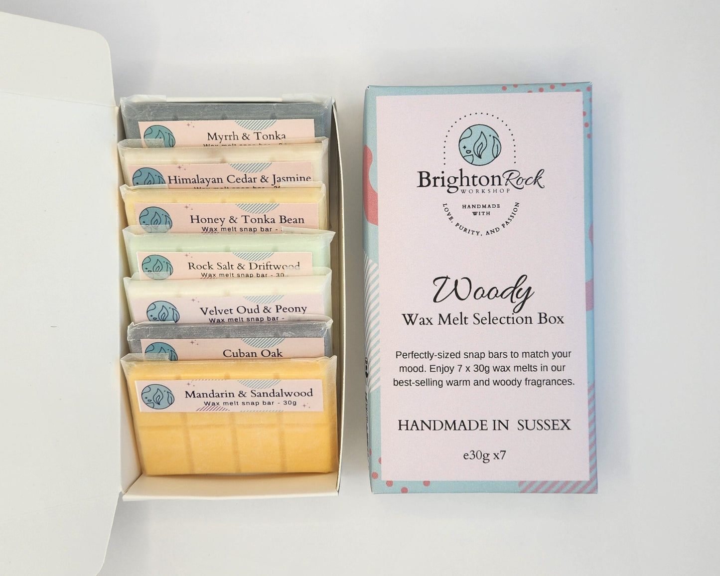 woody wax melt selection box - sandalwood, oud, tobacco, oak, tinka, honey, cedar, myrrh, driftwood scents