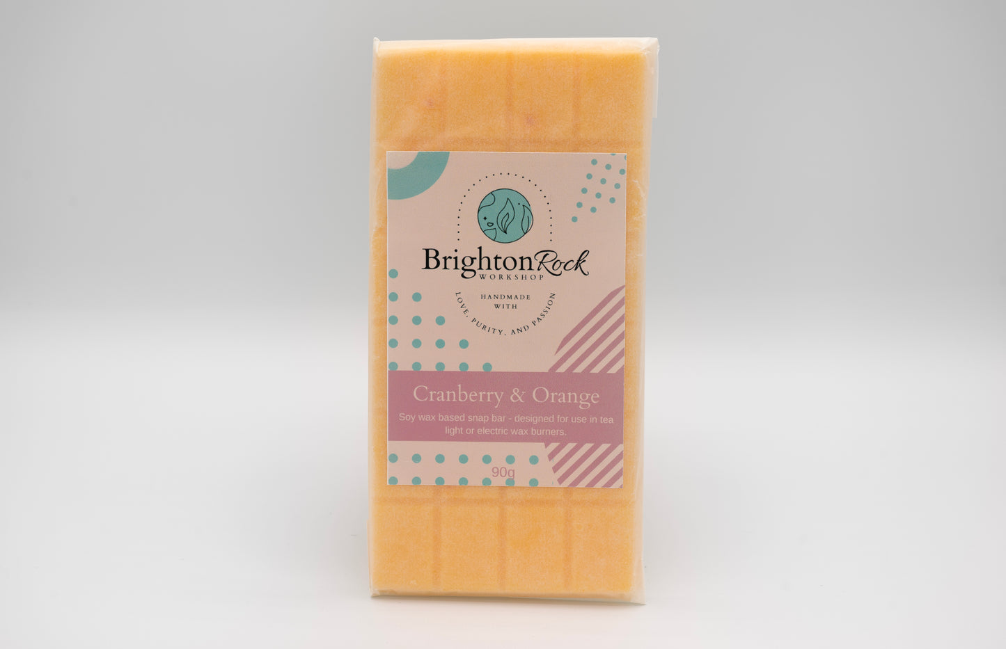 cranberry & orange 30g or 90g strongly scented wax melt snap bars. Eco friendly waxed paper packaging. Brighton Rock Workshop wax melts made in Spain and the United Kingdom, available in two sizes. Suitable for tea light or electric burners