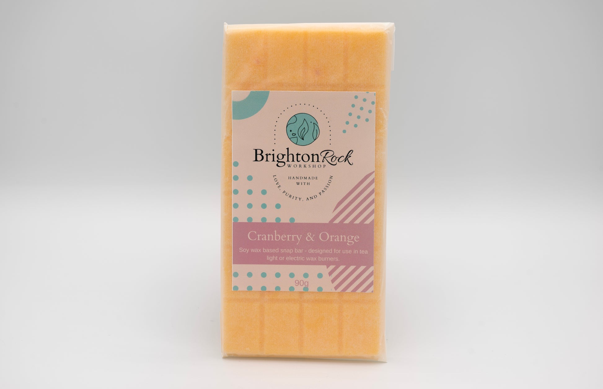 cranberry & orange 30g or 90g strongly scented wax melt snap bars. Eco friendly waxed paper packaging. Brighton Rock Workshop wax melts made in Spain and the United Kingdom, available in two sizes. Suitable for tea light or electric burners
