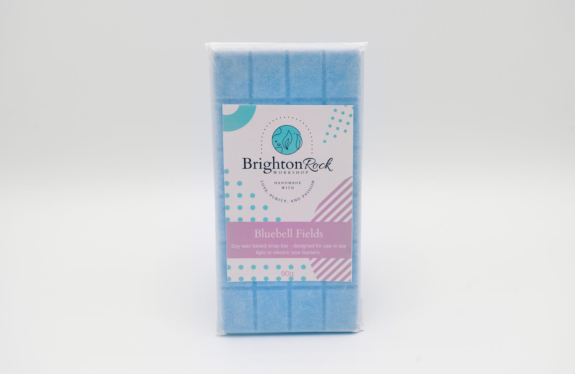 bluebell fields 30g or 90g strongly scented wax melt snap bars. Eco friendly waxed paper packaging. Brighton Rock Workshop wax melts made in Spain and the United Kingdom, available in two sizes. Suitable for tea light or electric burners