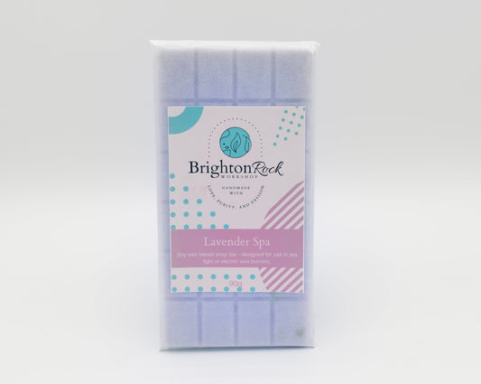lavender spa 30g or 90g strongly scented wax melt snap bars. Eco friendly waxed paper packaging. Brighton Rock Workshop wax melts made in Spain and the United Kingdom, available in two sizes. Suitable for tea light or electric burners