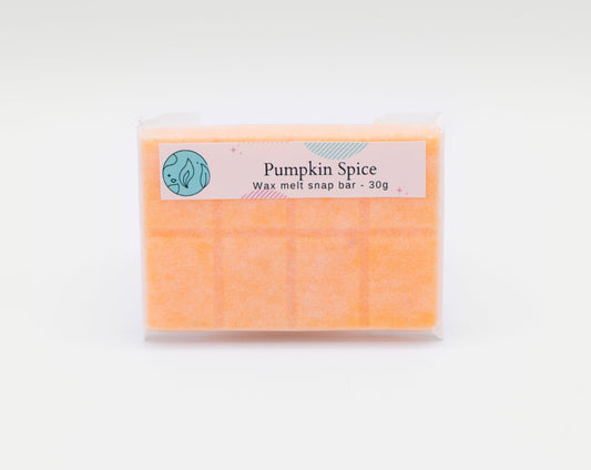 pumpkin spice scented orange 30g or 90g strongly scented wax melt snap bars. Eco friendly waxed paper packaging. Brighton Rock Workshop wax melts made in Spain and the United Kingdom, available in two sizes. Suitable for tea light or electric burners 