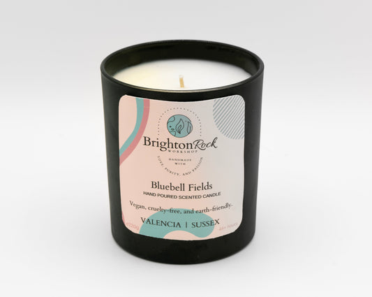 Bluebell Fields - Brighton Rock Workshop independent brand scented candle in 220g black Italian glass jar. Strongly scented home fragrance, made in Alicante, Spain. Ships to Europe and the UK. Eco-friendly packaging, vegan & cruelty-free