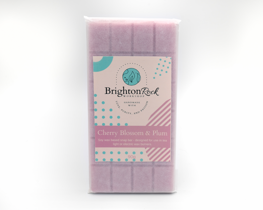 cherry blossom and plum 30g or 90g strongly scented wax melt snap bars. Eco friendly waxed paper packaging. Brighton Rock Workshop wax melts made in Spain and the United Kingdom, available in two sizes. Suitable for tea light or electric burners