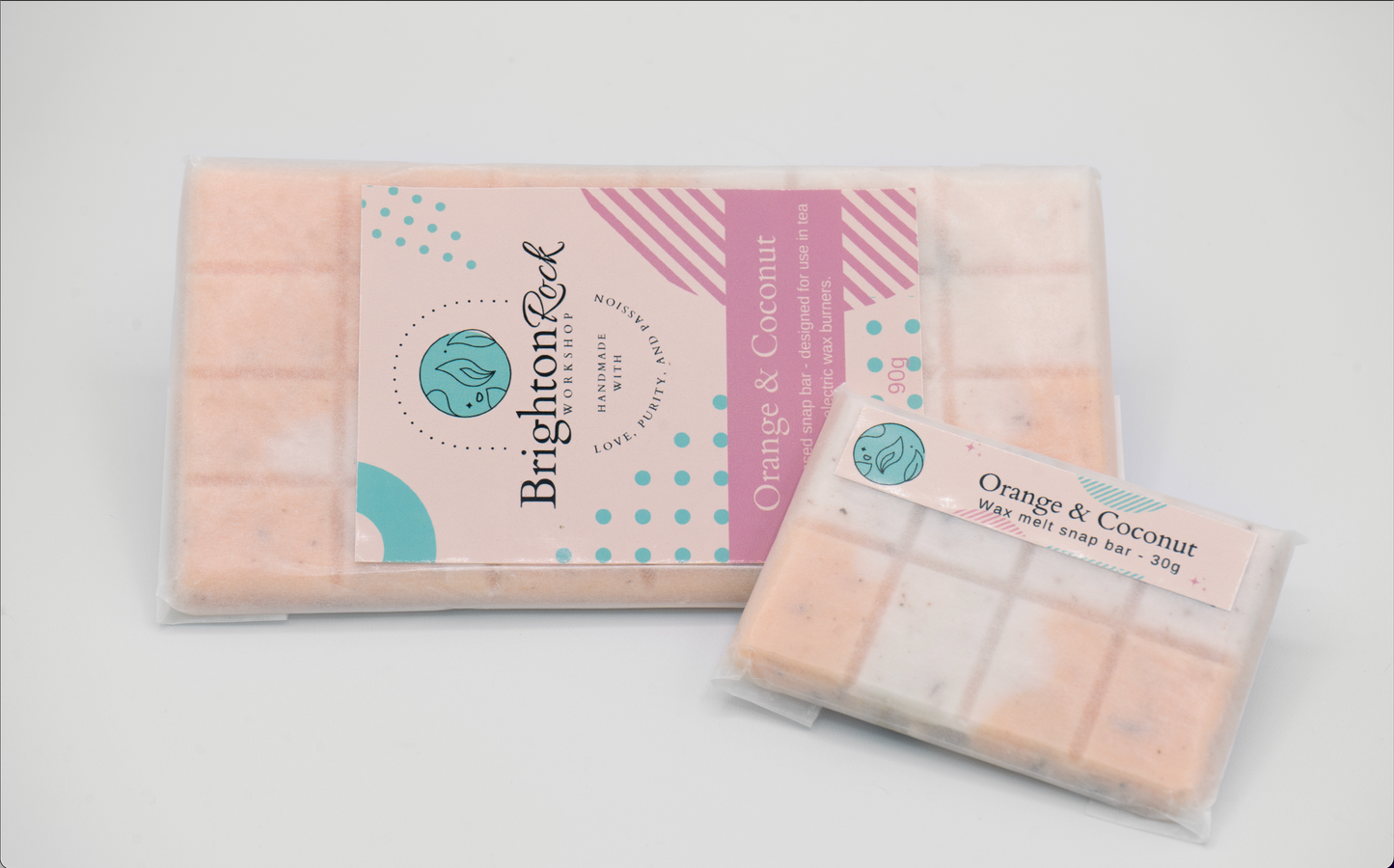 orange & coconut scented 30g or 90g strongly scented wax melt snap bars. Eco friendly waxed paper packaging. Brighton Rock Workshop wax melts made in Spain and the United Kingdom, available in two sizes. Suitable for tea light or electric burners 