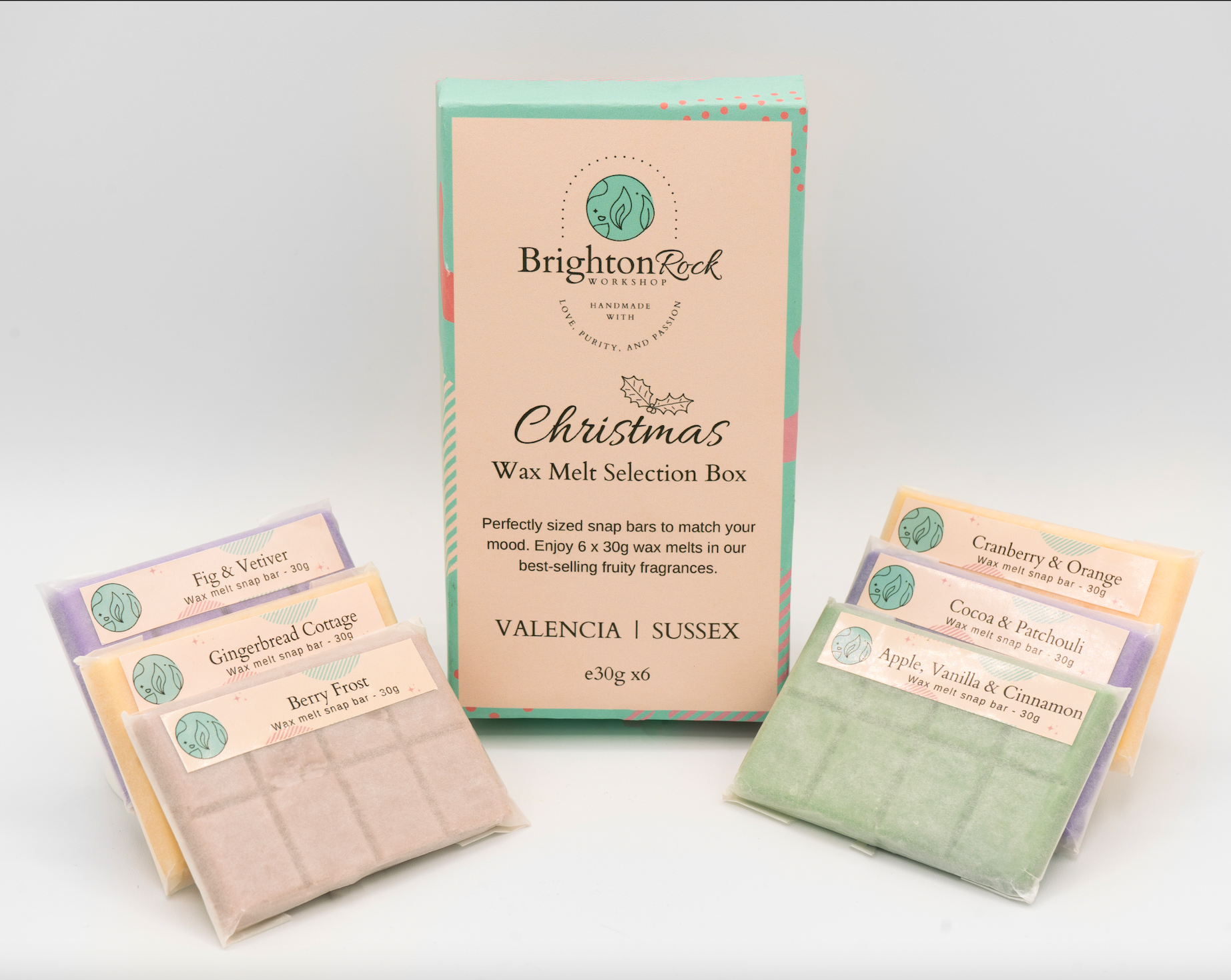 Brighton Rock Workshop Wax melt selection box. 6 of our best winter and christmas fragrances in 30g bite-sized bars. Handmade and packaged in eco-friendly and sustainable glassine paper packaging. vegan and cruelty free. ethically made in the uk. long-lasting fragrance