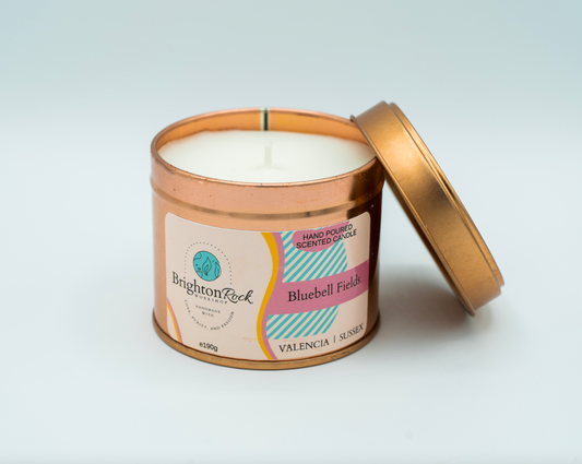 Bluebell Fields scented candle in a rose gold tin with matching lid. Brighton Rock Workshop strongly-scented candles. 190g eco-friendly, sustainable, recyclable packaging, vegan friendly and cruelty free