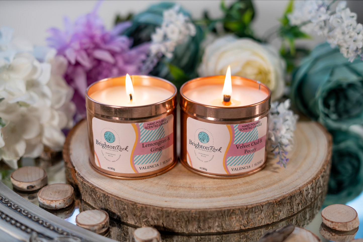 Velvet oud & peony scented candle in a rose gold tin with matching lid. Brighton Rock Workshop strongly-scented candles. 190g eco-friendly, sustainable, recyclable packaging, vegan friendly and cruelty free