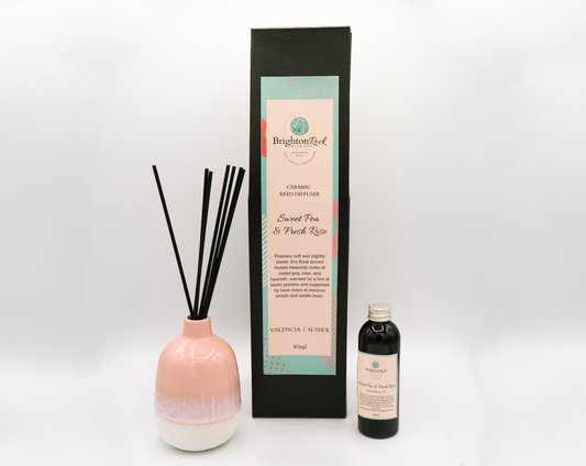Brighton Rock Workshop sweet pea & fresh rose reed diffuser in box. 80ml diffuser oil with set of fibre long lasting reeds and a hand glazed ceramic vase